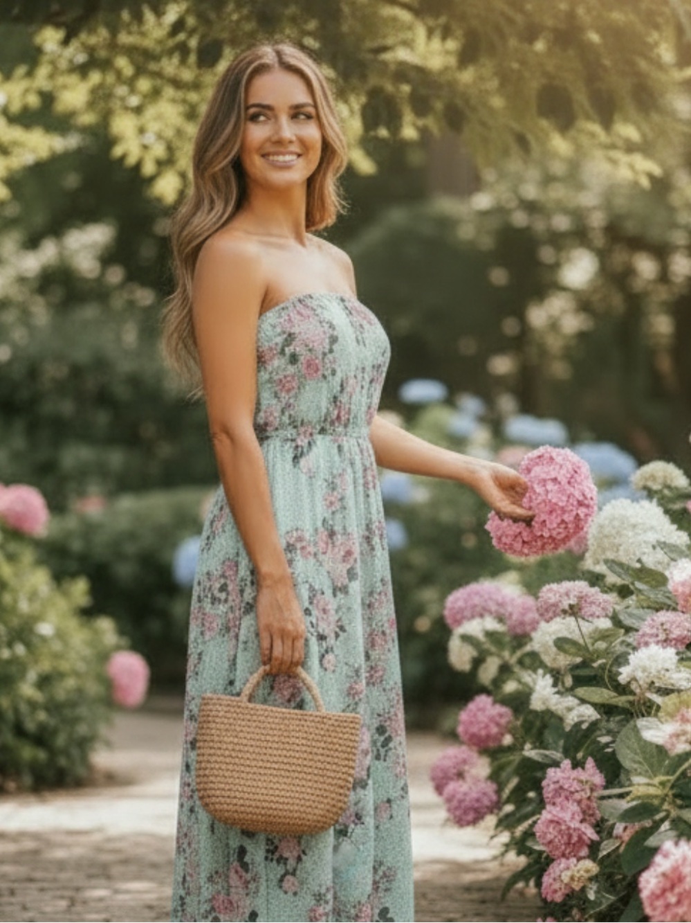 Feminine Strapless Floral Lace Maxi Dress in Pastel Colors